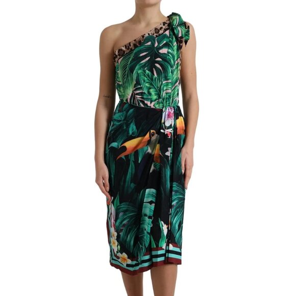 Authentic Dolce & Gabbana One Shoulder Dress Green Tropical Jungle Print